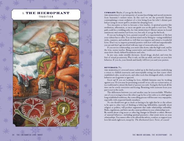 An illustration from The Enchanted Love Tarot by Schiffer Publishing, Ltd. shows The Hierophant in tribal attire carving symbols into stone, with natural and spiritual motifs; text explains the card’s meaning and its impact on relationships at right.