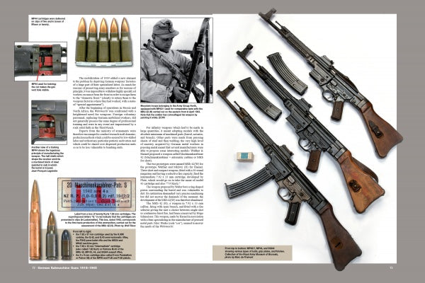 The magazine layout for "German Submachine Guns, 1918–1945" by Schiffer Publishing, Ltd. features WWII rifles and ammo, a vintage soldier photo, diagrams, and close-ups of German weapons like the MP38/40 with detailed mechanisms.