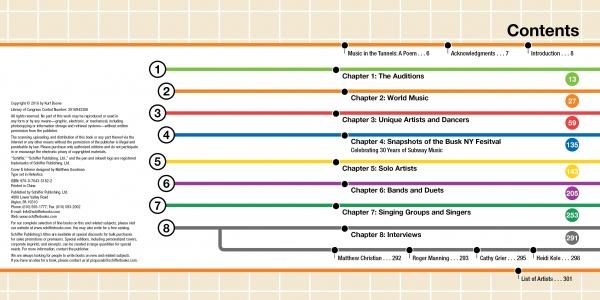 Subway Beats by Schiffer Publishing, Ltd. features a table of contents with colorful lines connecting to chapters like The Auditions, World Music, Unique Artists, Snapshots of a Festival, Solo Artists, Singing Groups, and NYC subway buskers.