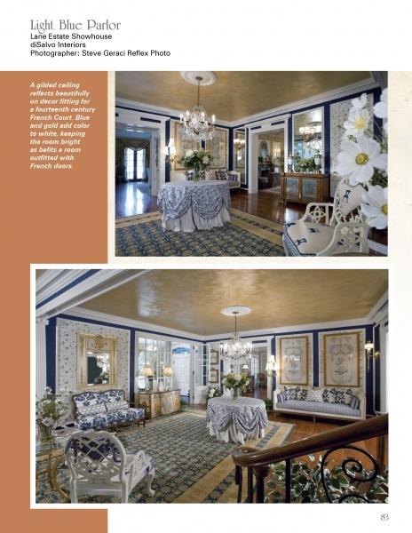 Showhouses 1 by Schiffer Publishing, Ltd. showcases luxurious, French-inspired 19th-century interiors with gilded coffered ceilings, blue and white drapes, ornate rugs, and elegant decor, captured from two angles in historic homes.