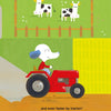 A cartoon of a dog riding a tractor from "Faster, Please!" by Schiffer Publishing, Ltd.—great for children’s vehicle books or play mats to encourage fun vehicle identification.