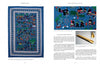 A two-page spread in "Hmong Story Cloths" by Schiffer Publishing, Ltd. displays a colorful Laos textile, with the story cloth on the left and detailed close-ups, text, and artifact photos (bamboo flute, ox bell) illustrating Hmong daily life.