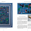 A two-page spread in "Hmong Story Cloths" by Schiffer Publishing, Ltd. displays a colorful Laos textile, with the story cloth on the left and detailed close-ups, text, and artifact photos (bamboo flute, ox bell) illustrating Hmong daily life.