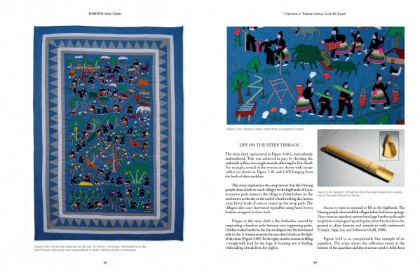 A two-page spread in "Hmong Story Cloths" by Schiffer Publishing, Ltd. displays a colorful Laos textile, with the story cloth on the left and detailed close-ups, text, and artifact photos (bamboo flute, ox bell) illustrating Hmong daily life.