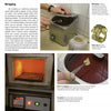 A collage for "Basic Metal Jewelry Techniques" by Schiffer Publishing, Ltd.: a hand dips metal in red liquid, a piece heats at 556°C, and photos near a cleaning machine—text details this essential jewelry and metallurgy step.