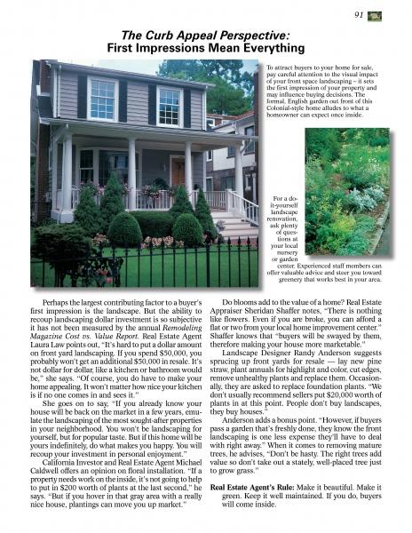 A magazine page from Schiffer Publishing, Ltd.’s Creating Curb Appeal features front-of-the-home design tips, a photo of a two-story house with pink flowers, a landscaped garden, and columns with landscaping and home design advice.