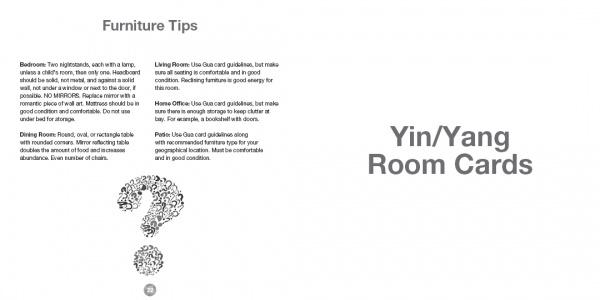 EZ2 Feng Shui by Schiffer Publishing, Ltd. offers room cards with furniture tips for home energy balance: the left page shares space-specific advice above an illustrated question mark, while the right page shows the card’s title.