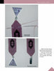 Two photos show steps from Off-Loom Woven Bead Necklaces by Schiffer Publishing, Ltd.: Top—needle works square stitch into a pendant on a triangle clasp with purple gems; Bottom—trimmer used after securing the clasp.