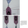 Two photos show steps from Off-Loom Woven Bead Necklaces by Schiffer Publishing, Ltd.: Top—needle works square stitch into a pendant on a triangle clasp with purple gems; Bottom—trimmer used after securing the clasp.