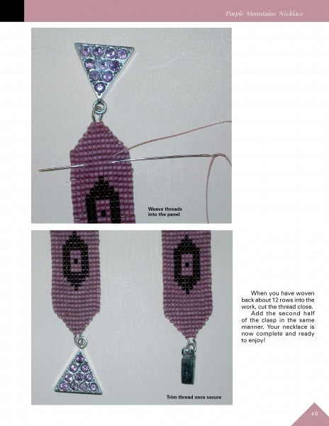 Two photos show steps from Off-Loom Woven Bead Necklaces by Schiffer Publishing, Ltd.: Top—needle works square stitch into a pendant on a triangle clasp with purple gems; Bottom—trimmer used after securing the clasp.