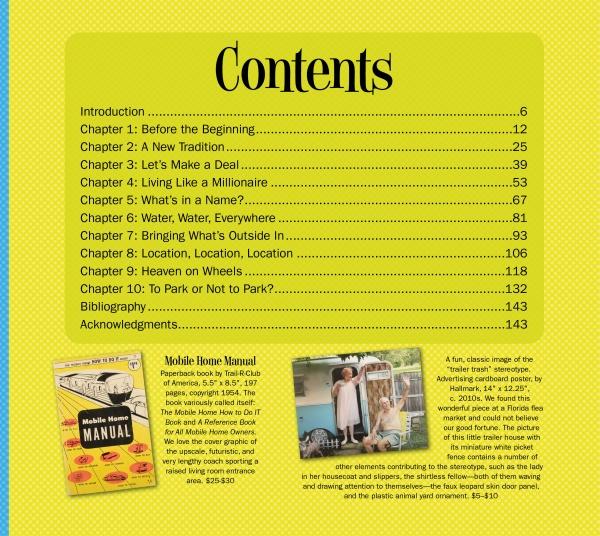 A contents page for "Don't Call Them Trailer Trash" by Schiffer Publishing, Ltd. features chapter titles and page numbers on a yellow background, plus images such as a vintage book cover and a woman by her trailer home with brief descriptions.