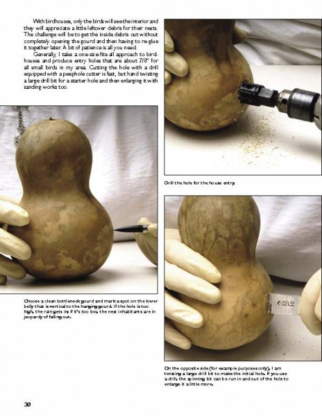 In "Gourd Art Basics" by Schiffer Publishing, Ltd., step-by-step photos show gloved hands drilling and marking a dried gourd to prep it for a birdhouse. Each stage is highlighted with close-ups; page 30 is shown.