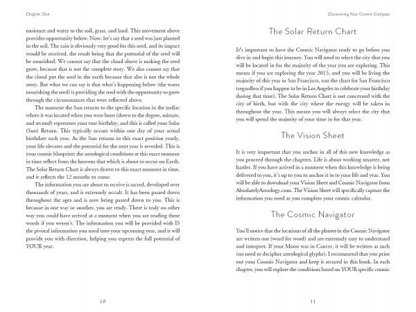 Two open pages of "Your Cosmic Compass" by Schiffer Publishing, Ltd.: the left covers soil health, moisture, and cosmic events as a spiritual guide; the right presents The Solar Return Chart, Vision Sheet, and Cosmic Navigator for your cosmic calendar.