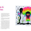 A book spread from "Eye See You" by Schiffer Publishing, Ltd. displays text titled Paintings & Sculptures and a neo-psychedelic artwork with two black faceless figures, colorful melting backgrounds, and green plants, evoking Oliver Hibert’s style.