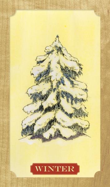 An illustration inspired by Tree of Life Oracle from Schiffer Publishing, Ltd. shows a snow-covered evergreen on a pale yellow background, wood-style border, and a red WINTER label at the bottom.
