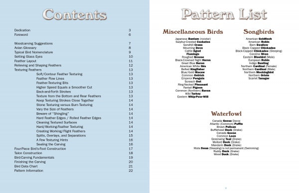 Image of the table of contents and pattern list from "50 Bird Woodcarving Patterns" by Schiffer Publishing, Ltd., showcasing woodcarving guides for Miscellaneous Birds, Songbirds, and Waterfowl—perfect for bird woodcarvers and power carving fans.