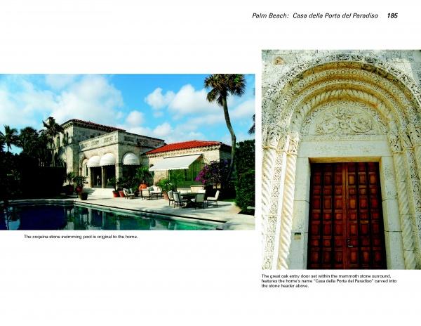 Experience Florida’s Mediterranean revival with "Casas to Castles" by Schiffer Publishing, Ltd.—featuring elegant villas with arched windows, pools, palm trees, and intricate stone archways above wooden doors.