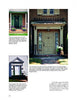 A page from "Entryways and Doorways" by Schiffer Publishing, Ltd. displays three photos of house entry doors with columns or trim, each captioned to describe the door style and features. The page has a white background with black text.