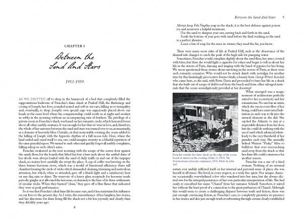 Two pages from The Watch at Peaked Hill by Schiffer Publishing, Ltd.: the left is Chapter 1, “Between the Sand and Stars, 1935–1939,” with text; the right has more text and a black-and-white photo by a dune shack in historic Provincetown.