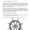 A page from "Grandfather's Secret" by Schiffer Publishing, Ltd. describes Charley visiting a Kent Island houseboat and recalling his grandfather, above a large black-and-white ship’s wheel illustration and page number 7.