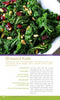 A plate of braised kale with dried cranberries and pine nuts, inspired by seasonal recipes from "The Farmer's Market Guide" by Schiffer Publishing, Ltd., with ingredients and steps shown below the image.