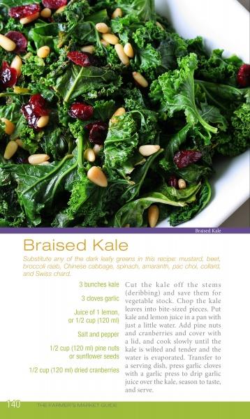 A plate of braised kale with dried cranberries and pine nuts, inspired by seasonal recipes from "The Farmer's Market Guide" by Schiffer Publishing, Ltd., with ingredients and steps shown below the image.