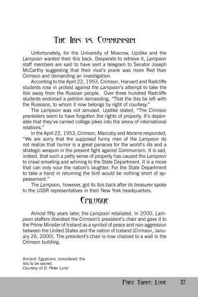 A book page, "Cambridge, Massachusetts" by Schiffer Publishing, Ltd., covers a satirical student newspaper's response to McCarthyism at Harvard; below is an epilogue on the Crimson Ibis statue's fate and a note on an Egyptian depiction.