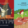 A child sings in the spotlight; another swings for a home run. Text: “Ever tried a high note or hit it out of the park?” squarzi by Schiffer Publishing, Ltd.—children’s book moments about new experiences and saving the day.