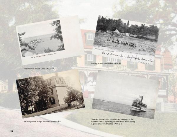 Steamboat Days on the Chesapeake" by Schiffer Publishing, Ltd. features a collage of four vintage black and white Chesapeake Bay postcards—wharf, lakeside scene, Tolchester Beach cottage, and steamboat—over a faded background with handwritten labels.