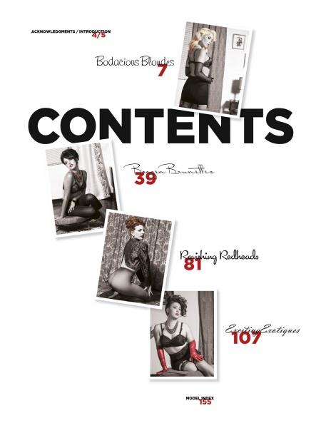 The contents page of Retro Glamour Photography of Mark Anthony Lacy (Schiffer Publishing, Ltd.) features vintage pinup photos—black and white women in classic lingerie—with bold section titles and page numbers: Blondes, Brunettes, Redheads, Exotiques.