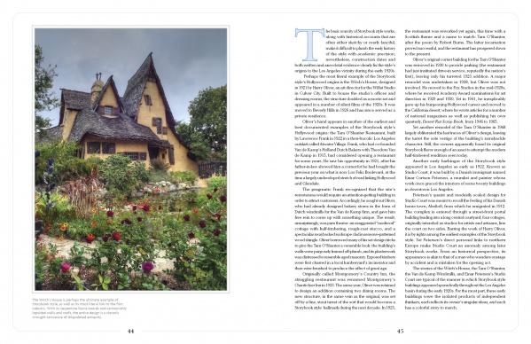 A whimsical, cottage-like house with steep rooflines and yellow walls embodies storybook architecture, surrounded by lush gardens. "Storybook Style" by Schiffer Publishing, Ltd. is featured, with text on the right under a cloudy sky.