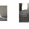 Two dogs featured separately: on the left, a Cavalier King Charles Spaniel sits on a couch; on the right, a small white dog stands in a doorway. Both images are from "Senior Dogs Across America" by Schiffer Publishing, Ltd.
