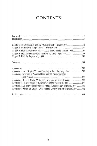 The table of contents for "Waffen-SS Knights and Their Battles" by Schiffer Publishing, Ltd. lists chapters and appendices on Waffen-SS units, 1944 WWII battles, Knight’s Cross recipients, related lists, plus pages for the foreword, introduction, summary, and bibliography.
