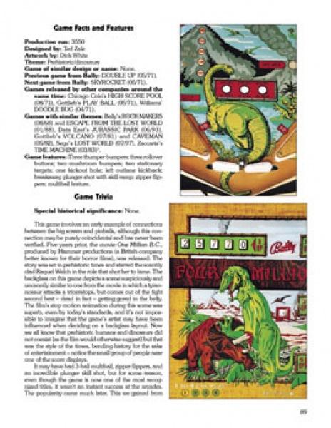 A page from Schiffer Publishing, Ltd.'s "Pinball Perspectives" displays images and text about a dinosaur-themed pinball game, featuring a green dinosaur on the playfield and a dinosaur with a caveman on the backglass artwork.