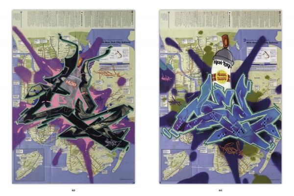 Uptown & Downtown by Schiffer Publishing, Ltd. features two subway maps: the left with bold black and pink graffiti text, and the right with blue graffiti and a spray paint can labeled New York—celebrating classic subway map art.