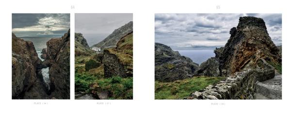 In Schiffer Publishing, Ltd.'s "The Ever-Changing Coastline," two pages feature striking coastlines—cliffs and rocky terrains under cloudy skies. Left: two vertical images; right: a wide beach shot with a stone wall.