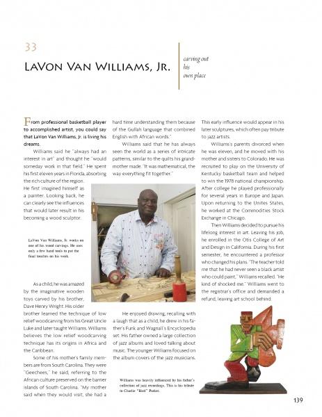A magazine page features Lavon Van Williams, Jr. with his artwork and a colorful sculpture, spotlighting his journey from basketball player to acclaimed self-taught artist, as seen in "When the Spirit Speaks" by Schiffer Publishing, Ltd.