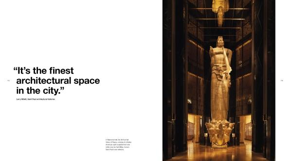 A tall statue stands in City Hall's grand, dimly lit space with high ceilings and columns—a showcase of American civic architecture. On the left, bold text reads: It’s the finest architectural space in the city.