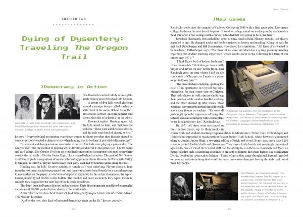 Two pages from "Break Out" by Schiffer Publishing, Ltd.: the left page covers Dying of Dysentery: Traveling The Oregon Trail and democracy in action; the right features video game history, an Apple II photo, and insights on classic games.