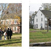On the left, people in historical costumes pass a brick building; on the right, a white historic house stands among trees and grass, reflecting the charm of Brandywine Valley by Schiffer Publishing, Ltd. in Chester County, Pennsylvania.