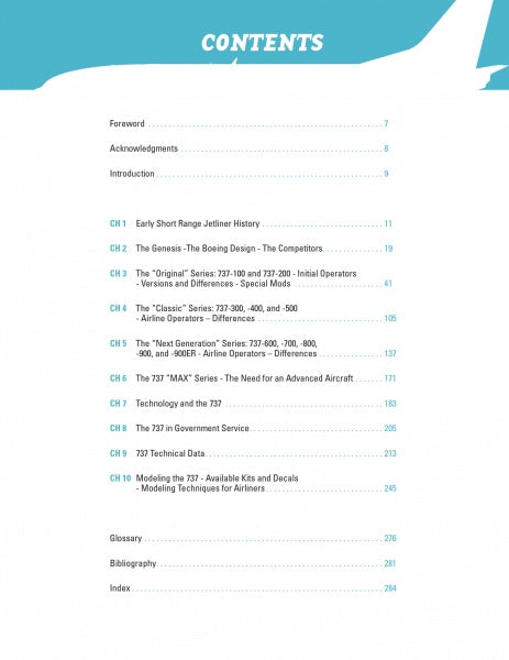 Table of contents page for "Boeing 737" by Schiffer Publishing, Ltd., listing chapters on jetliner history, models, technology, operators, and resources. Features blue/black text on white with an airplane graphic above.