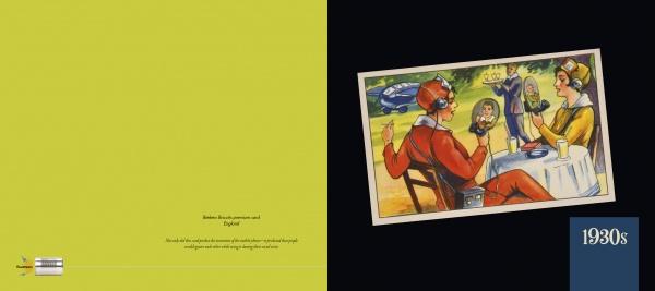 A vintage illustration from Schiffer Publishing, Ltd.'s "Do You Read Me?" shows people using retro communication gadgets outdoors with a futuristic car behind them. The page is split yellow and black, with "1930s" at the bottom right.
