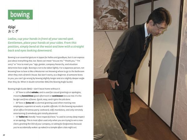 A man in a suit bows deeply, arms at his sides, eyes down. An inset explains bowing—a key Japanese gesture—highlighting its cultural use, as featured in "Maido" from Schiffer Publishing, Ltd.