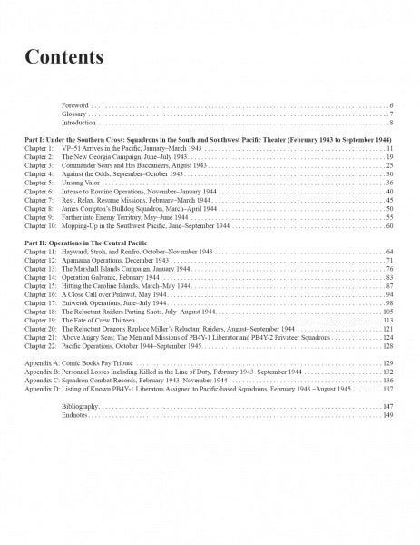 The table of contents in "We Flew Alone 2nd Edition" (Schiffer Publishing, Ltd.) lists chapters on US Army Air Forces Pacific squadrons and B-24 Liberator WWII missions, with chapter titles, date ranges, and page numbers.