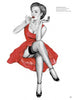 A confident woman in a red dress and black heels applies lipstick in this mostly black-and-white pin-up art from "The Contemporary Illustrated Pin-up" by Schiffer Publishing, Ltd., celebrating vintage style and feminine allure.