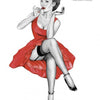 A confident woman in a red dress and black heels applies lipstick in this mostly black-and-white pin-up art from "The Contemporary Illustrated Pin-up" by Schiffer Publishing, Ltd., celebrating vintage style and feminine allure.