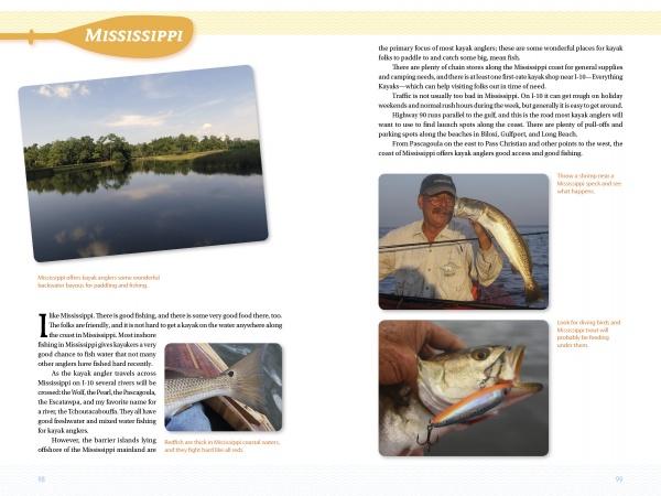 A two-page magazine spread showcases "Kayak Fishing the Northern Gulf Coast" by Schiffer Publishing, Ltd., with info on Mississippi coastal fishing and photos of a calm lake, two anglers with fish, and a close-up of a fish biting a lure.
