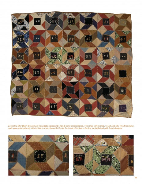 Quiltings, Frolicks, & Bees by Schiffer Publishing, Ltd. showcases a patchwork quilt made of colorful geometric pieces with hand-embroidered initials—a tribute to signature quilts—with close-up images highlighting detailed embroidery and floral designs.