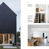 Contemporary Home Design by Schiffer Publishing, Ltd. showcases a sleek black exterior and vibrant minimalist interiors—featuring a wooden staircase, open kitchen, dining space, bookshelves, and crisp white walls for single-family home inspiration.