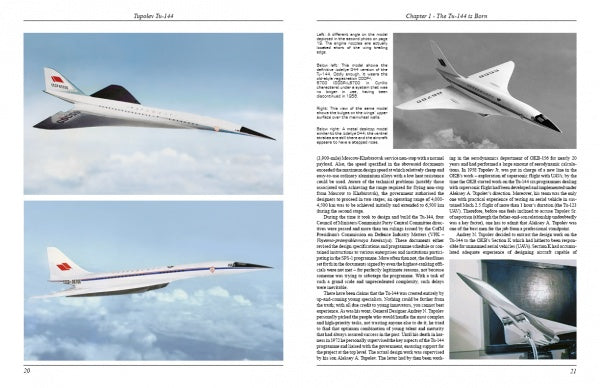 A book spread from Schiffer Publishing, Ltd. features photos of the Tupolev Tu‑144 in flight and as a display model, with text detailing its design, development, and significance in supersonic commercial aviation.